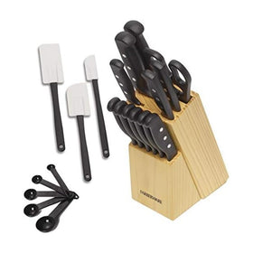 Farberware wood block with 22-piece knife set for organized countertop storage.