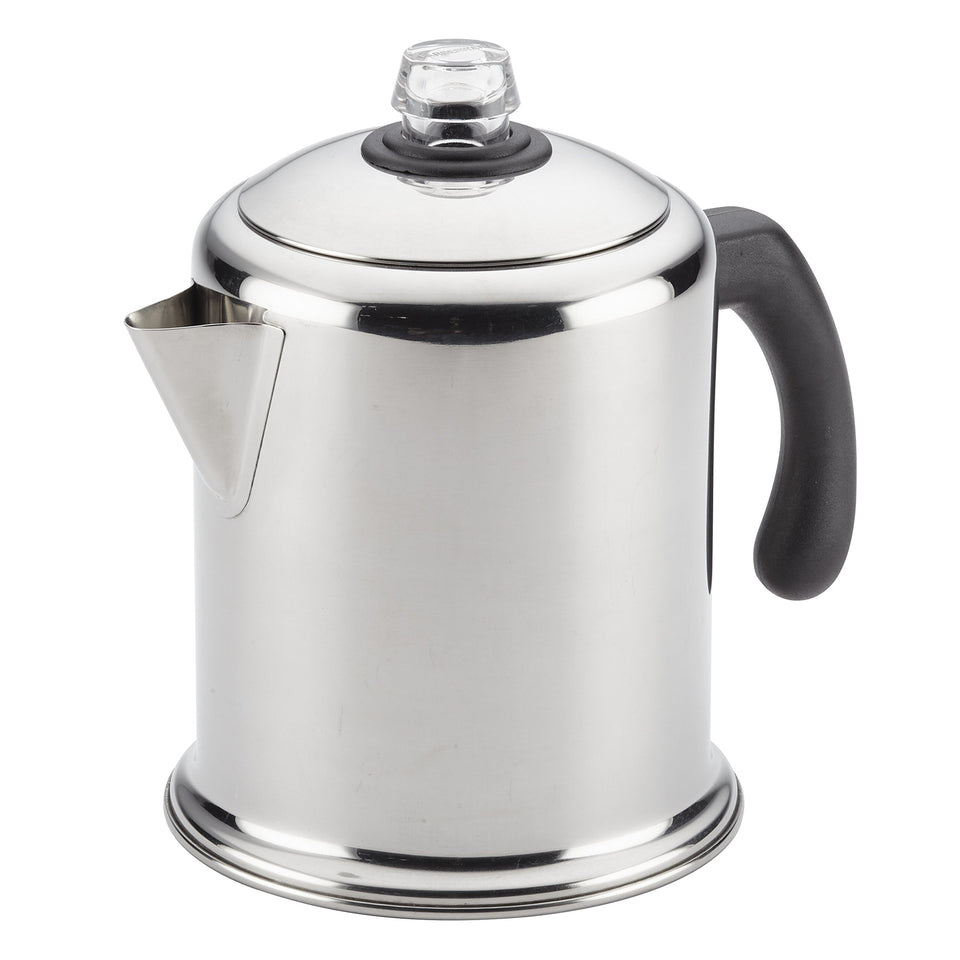 Farberware Yosemite 12-Cup percolator body shines in stainless steel for classic stovetop brewing