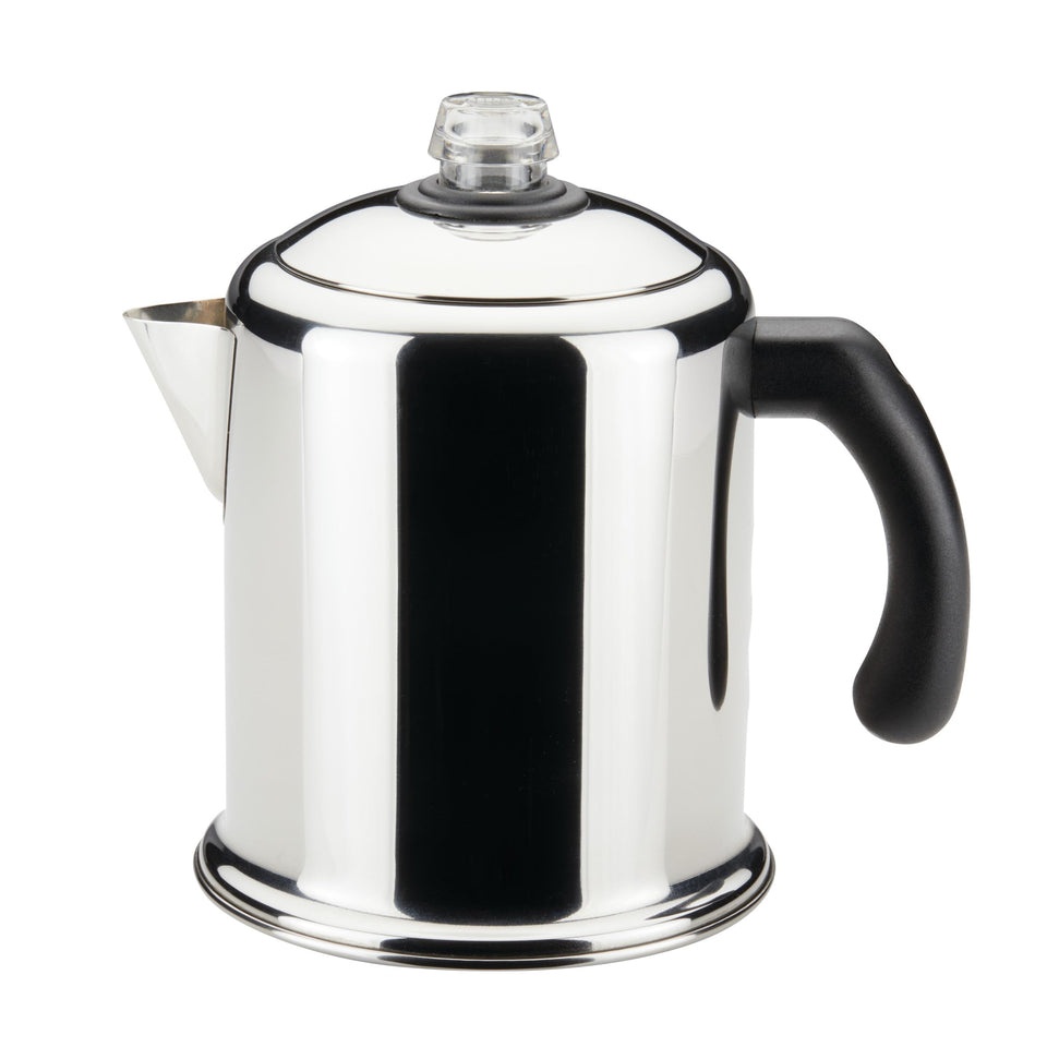 Farberware Yosemite 8-Cup percolator front view showing durable stainless steel