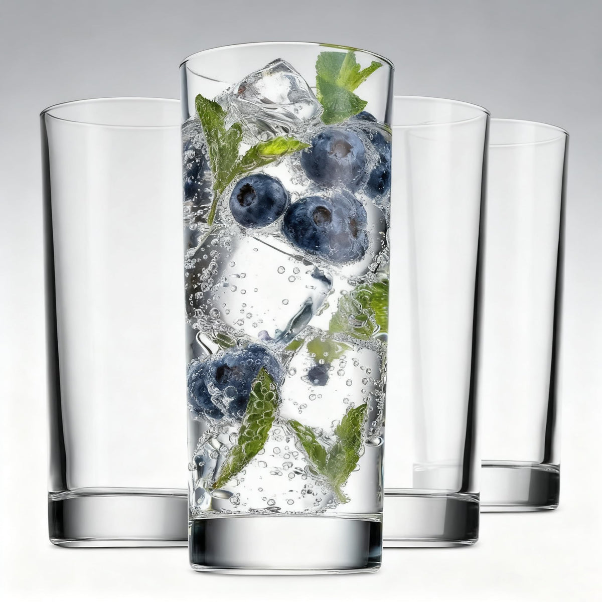 Farielyn-X complete glassware collection harmonizes tall and short glasses for cohesive entertaining.