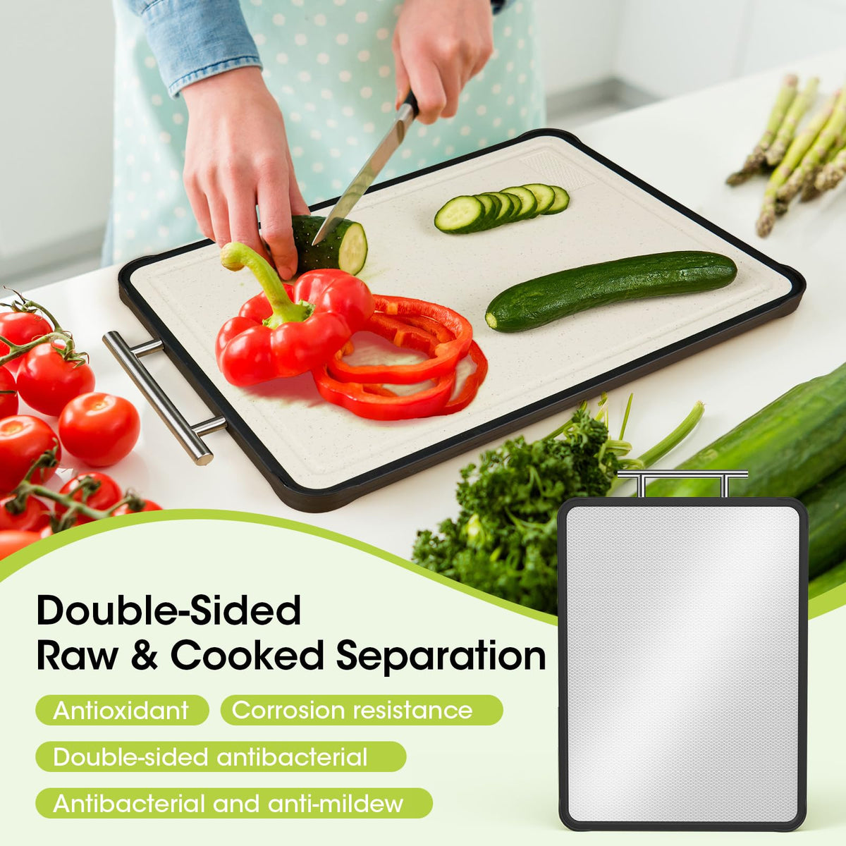 Faryuan cutting board metal side offers durable meat prep surface.