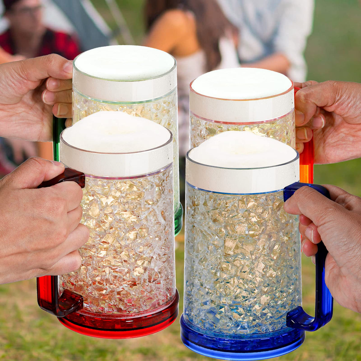 Fasmov freezer beer mugs four-pack layout, shows stacked design for easy storage