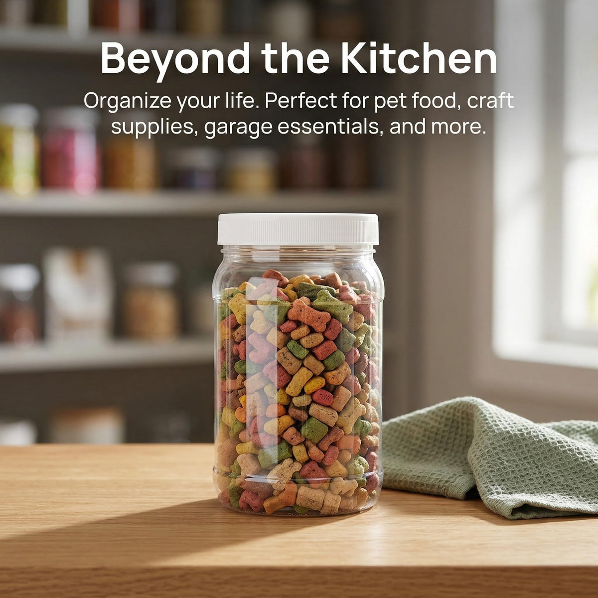 Fasmov clear jar organizes nuts, beans, and sugar in pantry.
