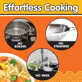 Fasta Pasta built-in strainer close-up showing mess-free draining after cooking.