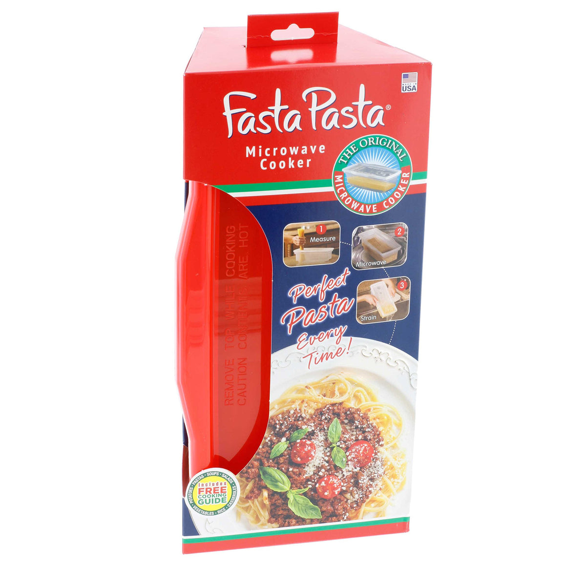Made in the USA label on the red Fasta Pasta.