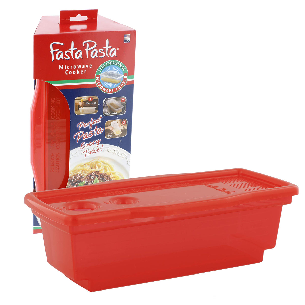 Fasta Pasta microwave cooker red for quick, mess-free al dente results.