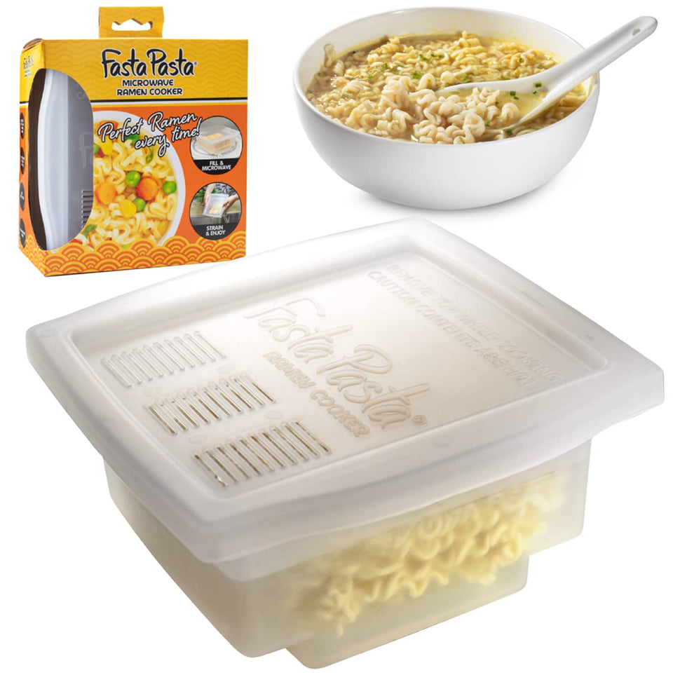 Fasta Pasta microwave ramen cooker with lid and built-in strainer, ready for quick noodles.