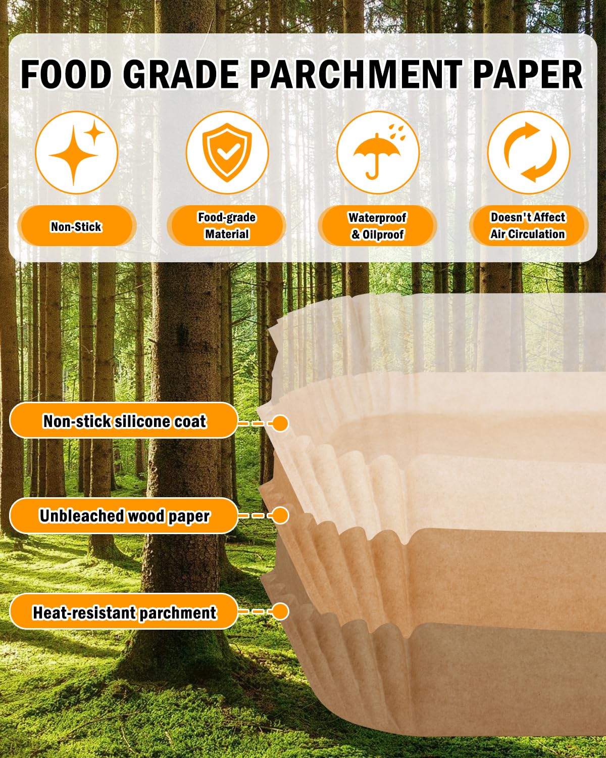 Fastand bleach-free parchment liners for air fryer.