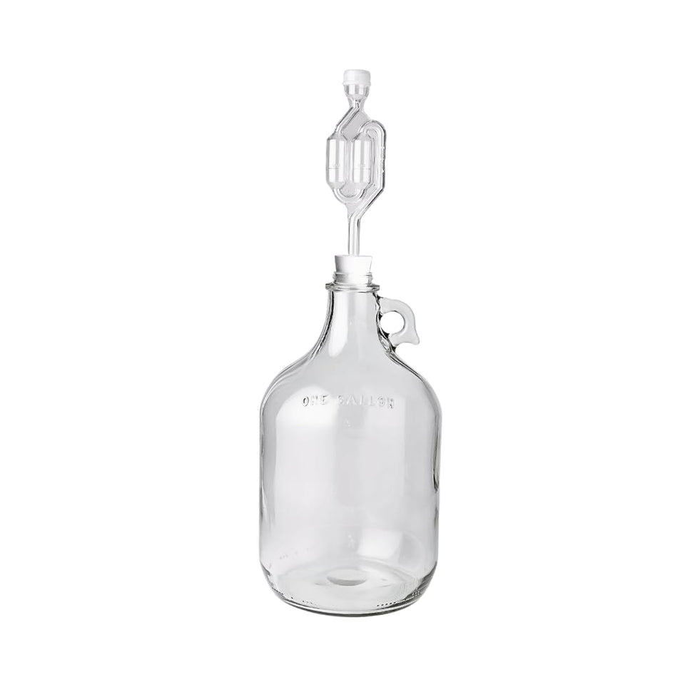 FastRack 1 gallon glass jug with twin airlocks for fermentation monitoring
