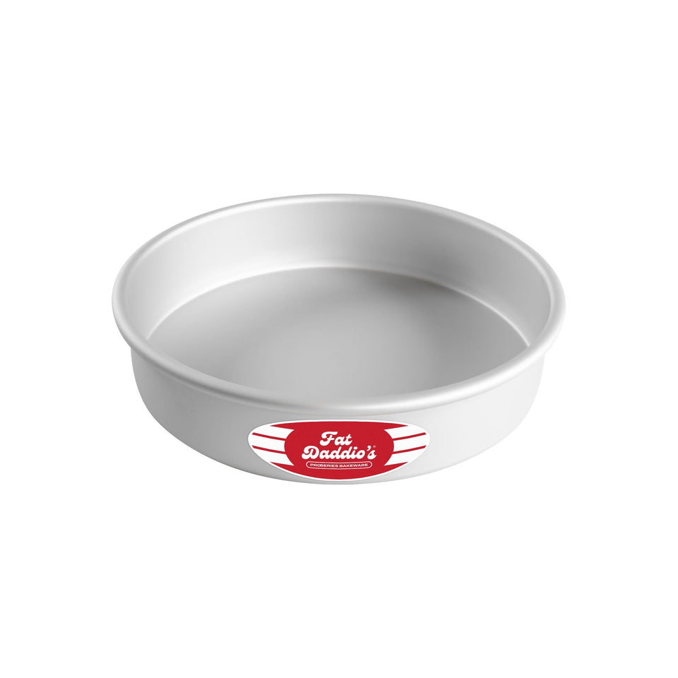 Fat Daddio's anodized round cake pan with 9x2 inch interior for precise baking.