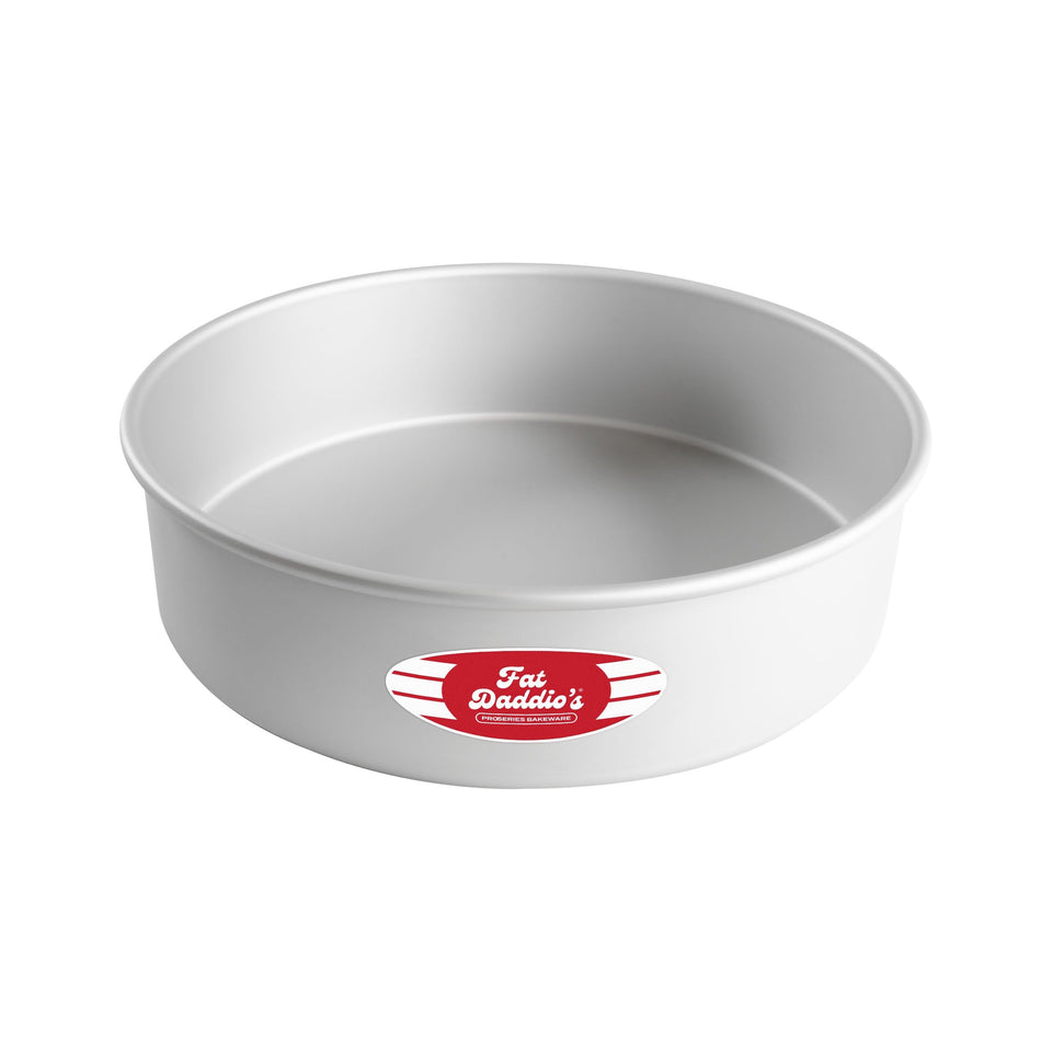 Fat Daddio's anodized round cake pan top view shows smooth interior for easy release