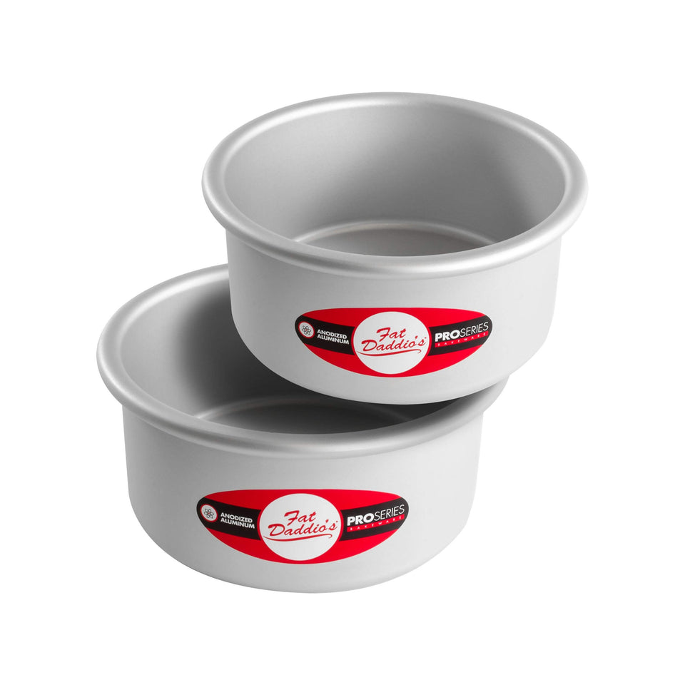 Fat Daddio's anodized round cake pan, front view, compact 6x3 inch size for small cakes