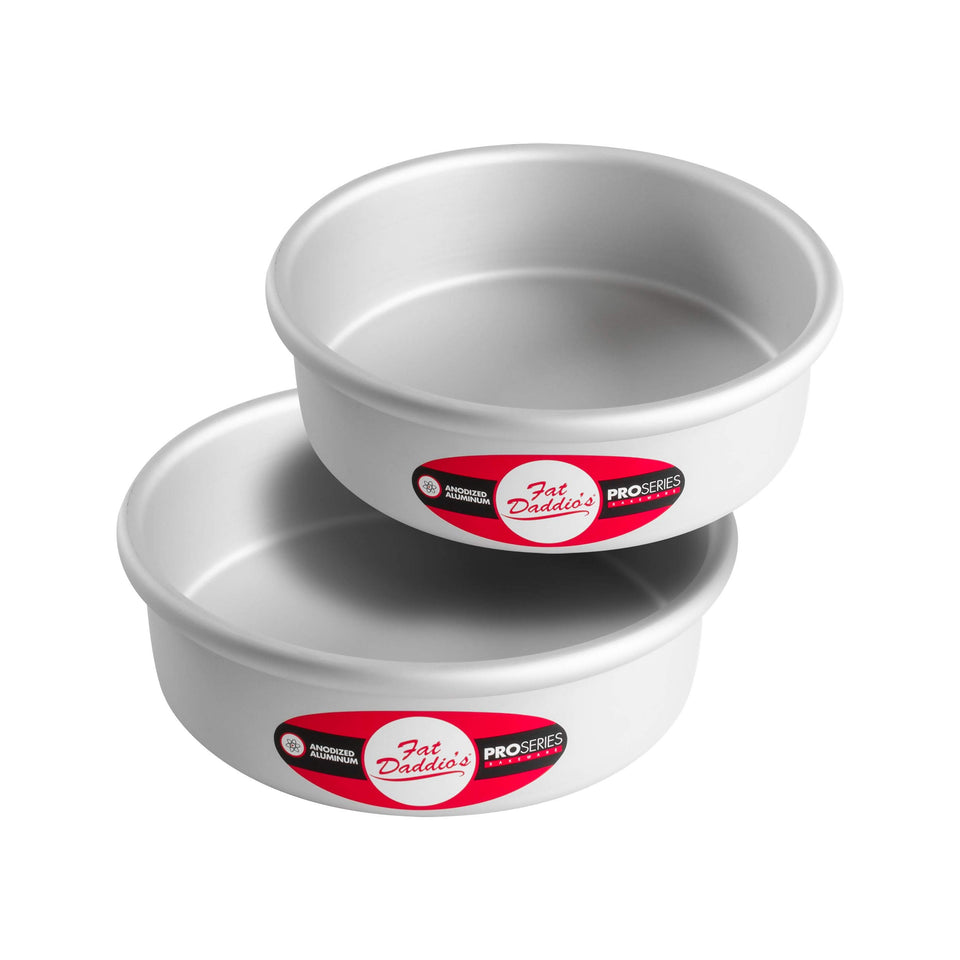 Fat Daddio's 7x2 round cake pan close-up showing durable anodized finish for even baking