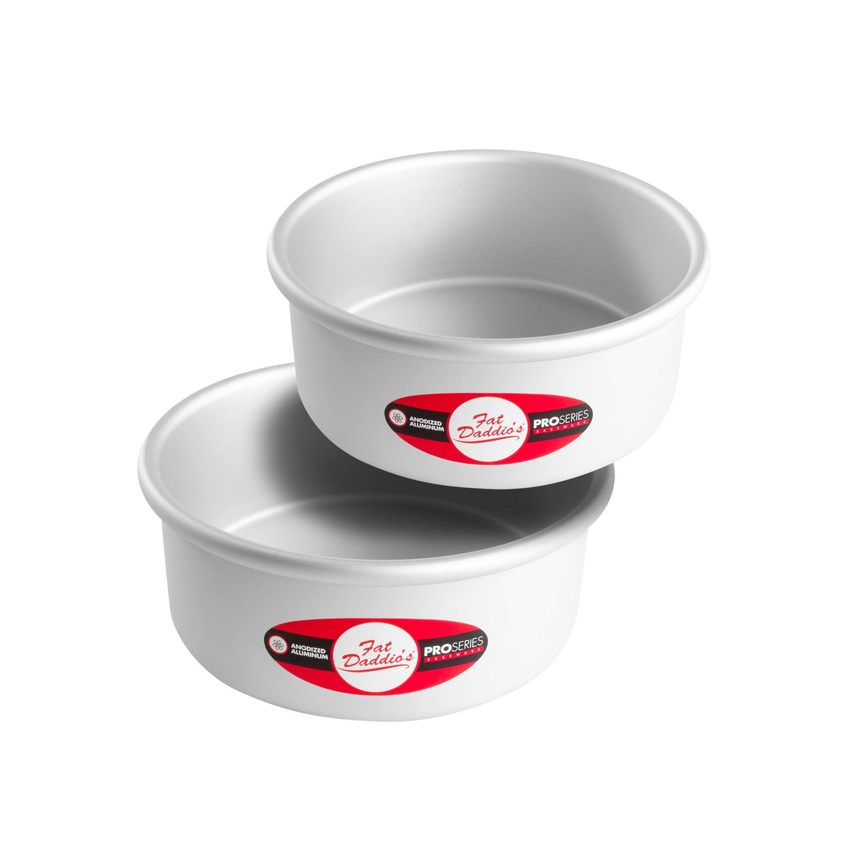 Fat Daddio's anodized round cake pan interior for even heat and uniform layers.