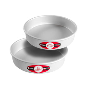Fat Daddio's anodized round cake pan interior view shows 9x2 inch size for even layers.