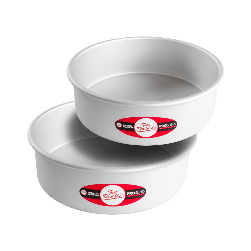Fat Daddio's anodized round cake pan top view for even baking and reliable release.