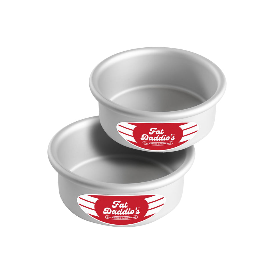 Fat Daddio's anodized round cake pans, front view, durable bakeware for even results