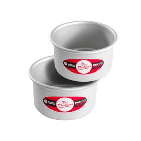 Fat Daddio's anodized round cake pans top view showing compact 5x3 inch set for mini cakes.