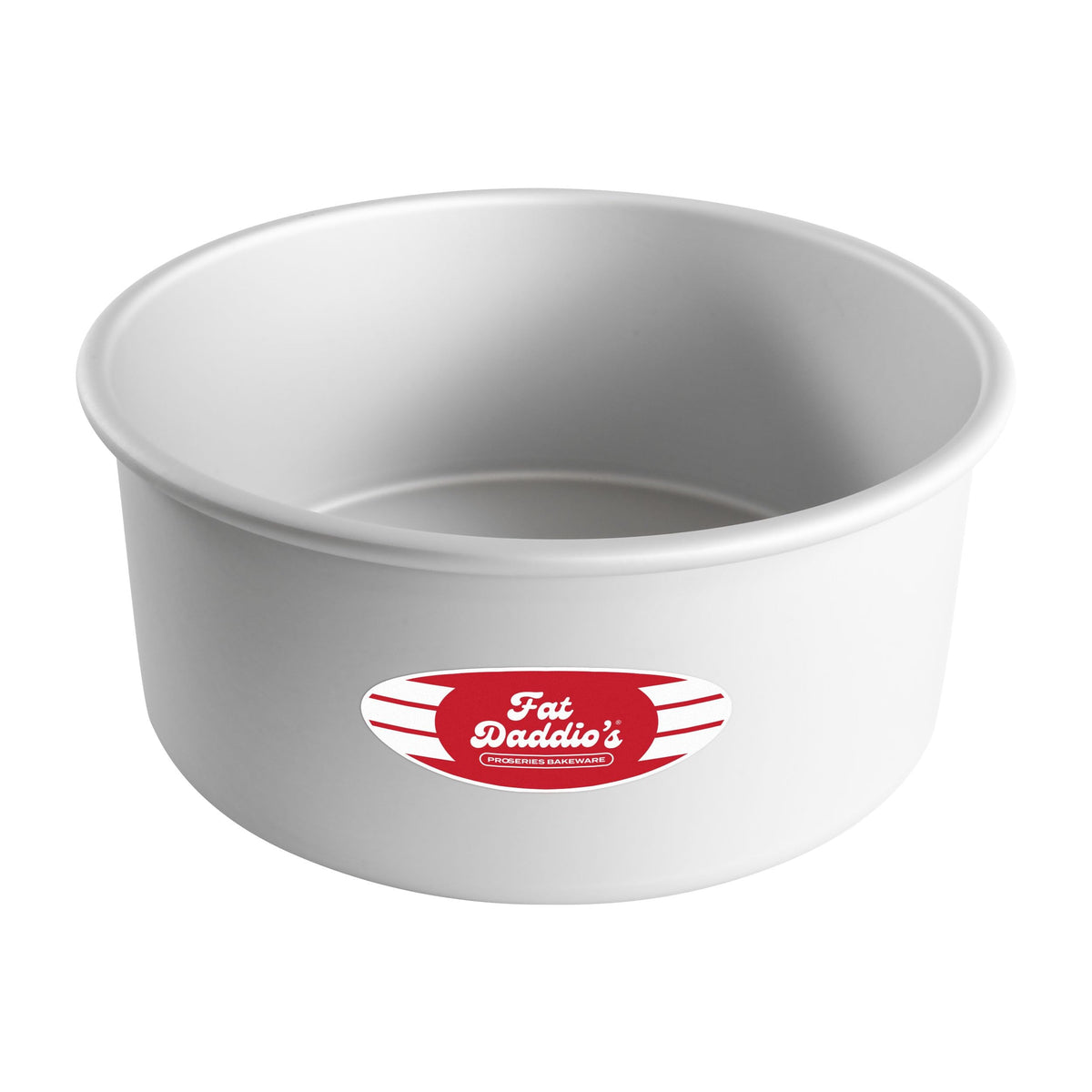 Fat Daddio's anodized round pan exterior view, showcasing durable construction for daily baking