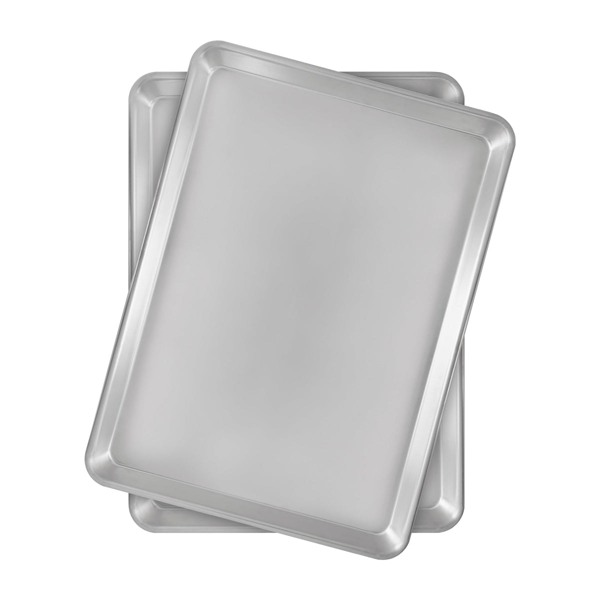 Fat Daddio's natural aluminum half-sheet pan 2-pack front view for even baking on large trays.