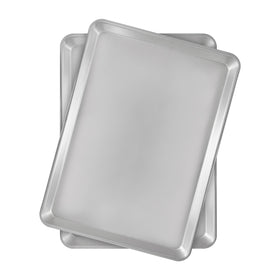 Fat Daddio's natural aluminum half-sheet pan 2-pack front view for even baking on large trays.