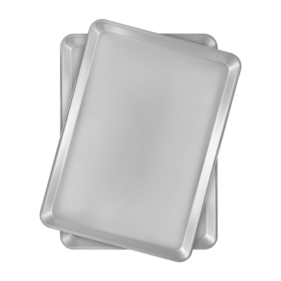 Fat Daddio's natural aluminum half-sheet pan 2-pack front view for even baking on large trays.