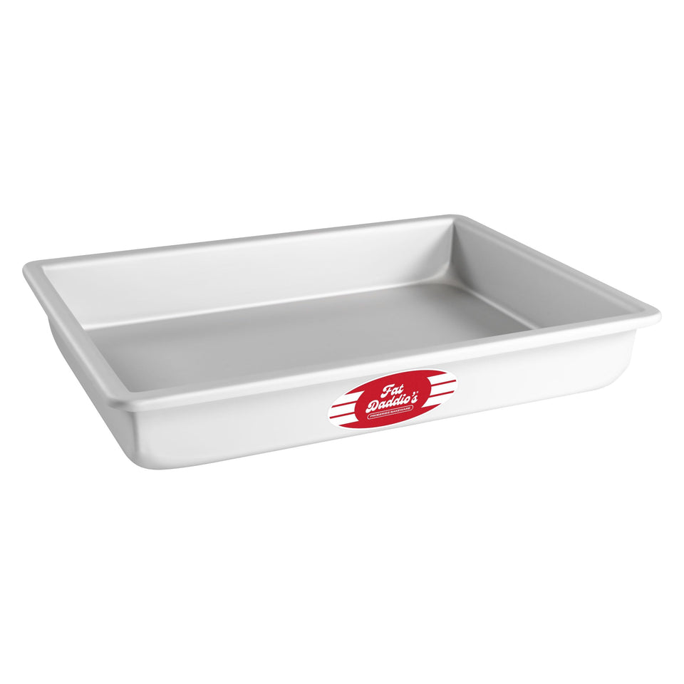 Fat Daddio's POB-9132 sheet cake pan top view in silver showing size and finish