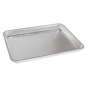 Close-up of Fat Daddio's quarter sheet pan showing reinforced rim for even heat.