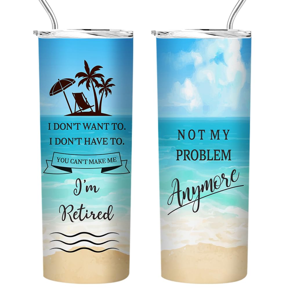 Fatbaby retirement tumbler on beach scene, keeps beverages at the right temperature