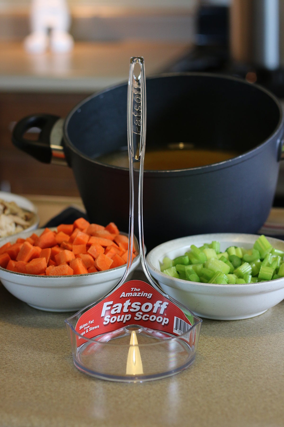 Fatsoff Soup Scoop fat collection cup enables easy fat removal from soups.