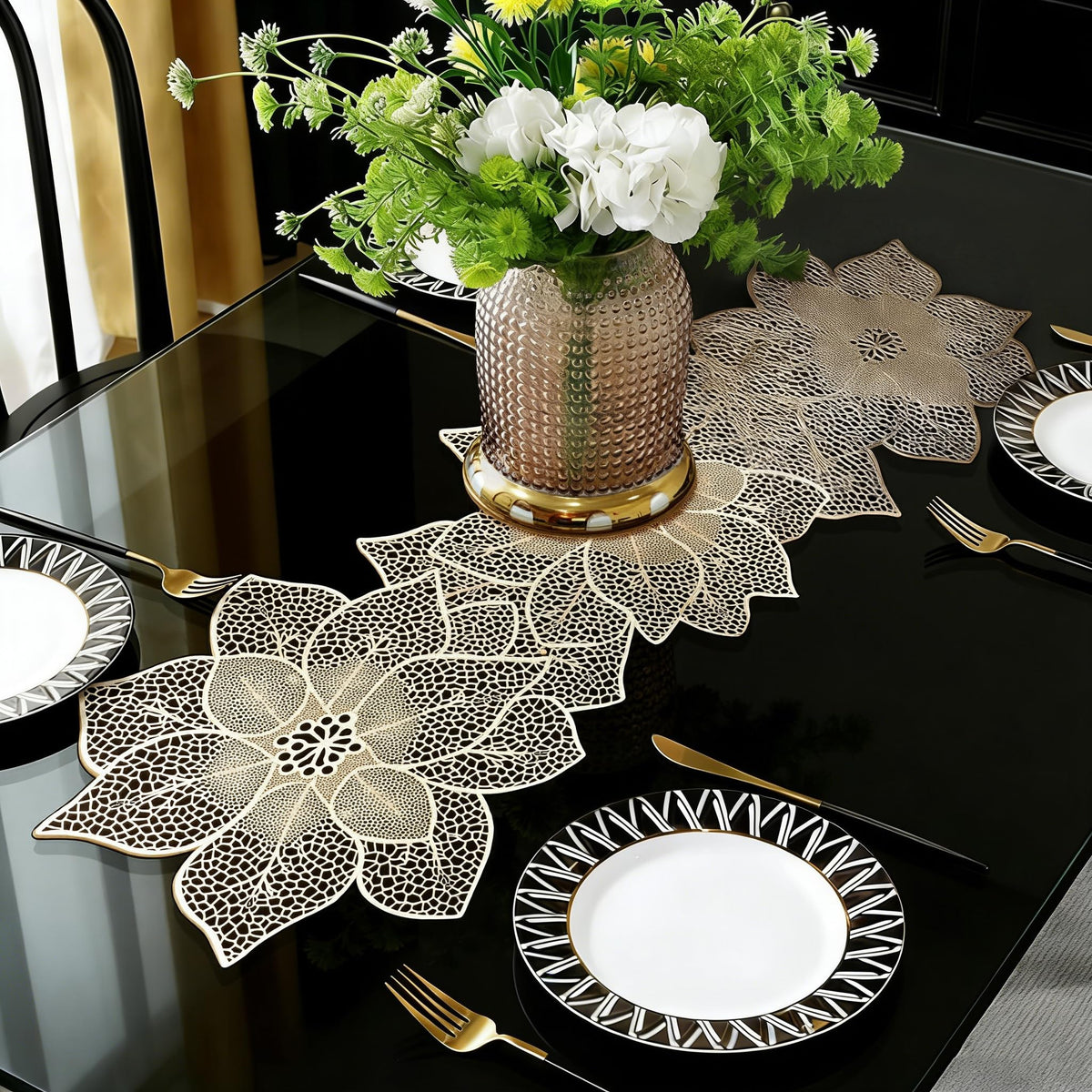 FAVE Gold Table Runner with flower-shaped design for elegant wedding tables.