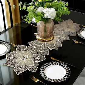 FAVE Gold Table Runner with flower-shaped design for elegant wedding tables.