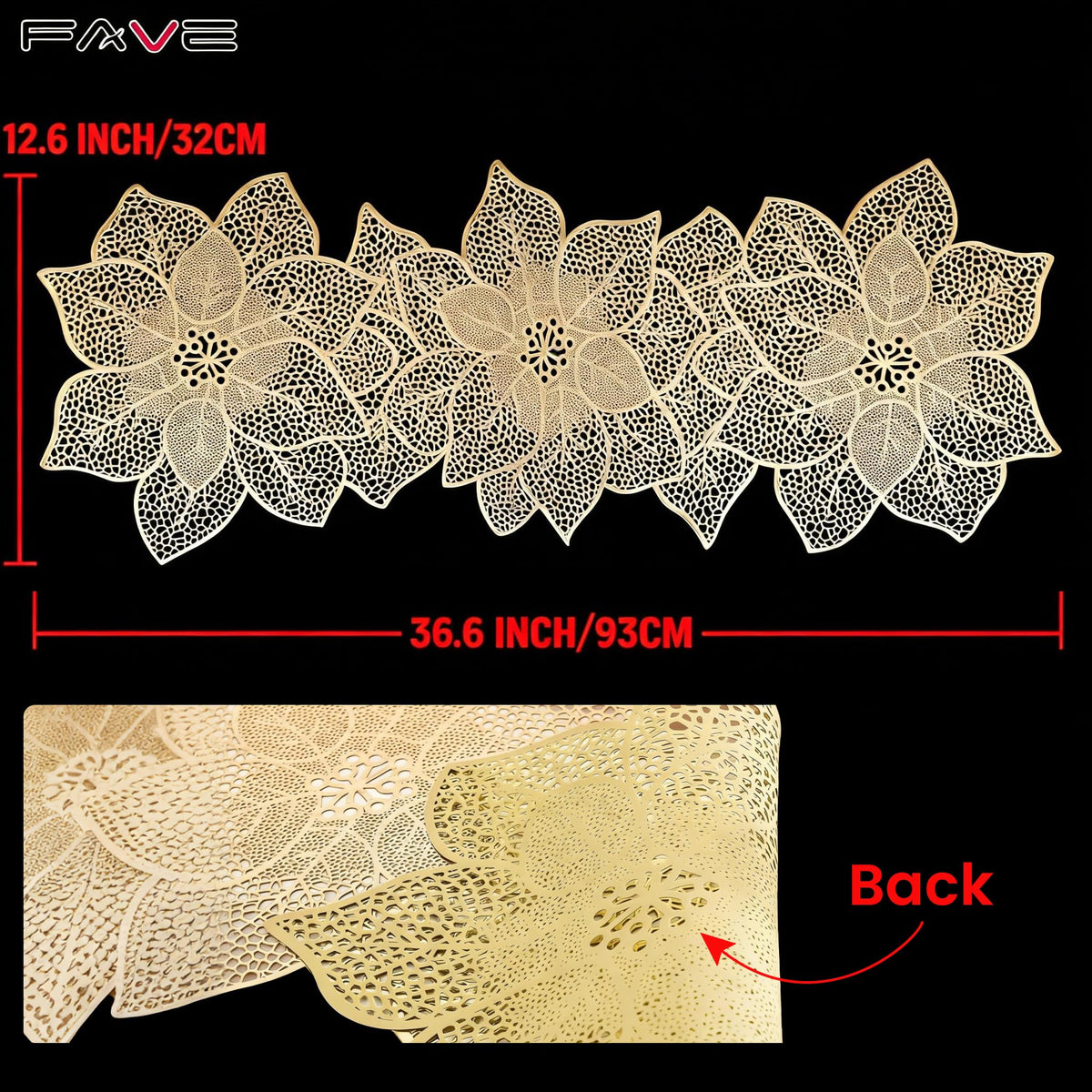 FAVE Gold Table Runner with hollow pattern for quick cleanup.