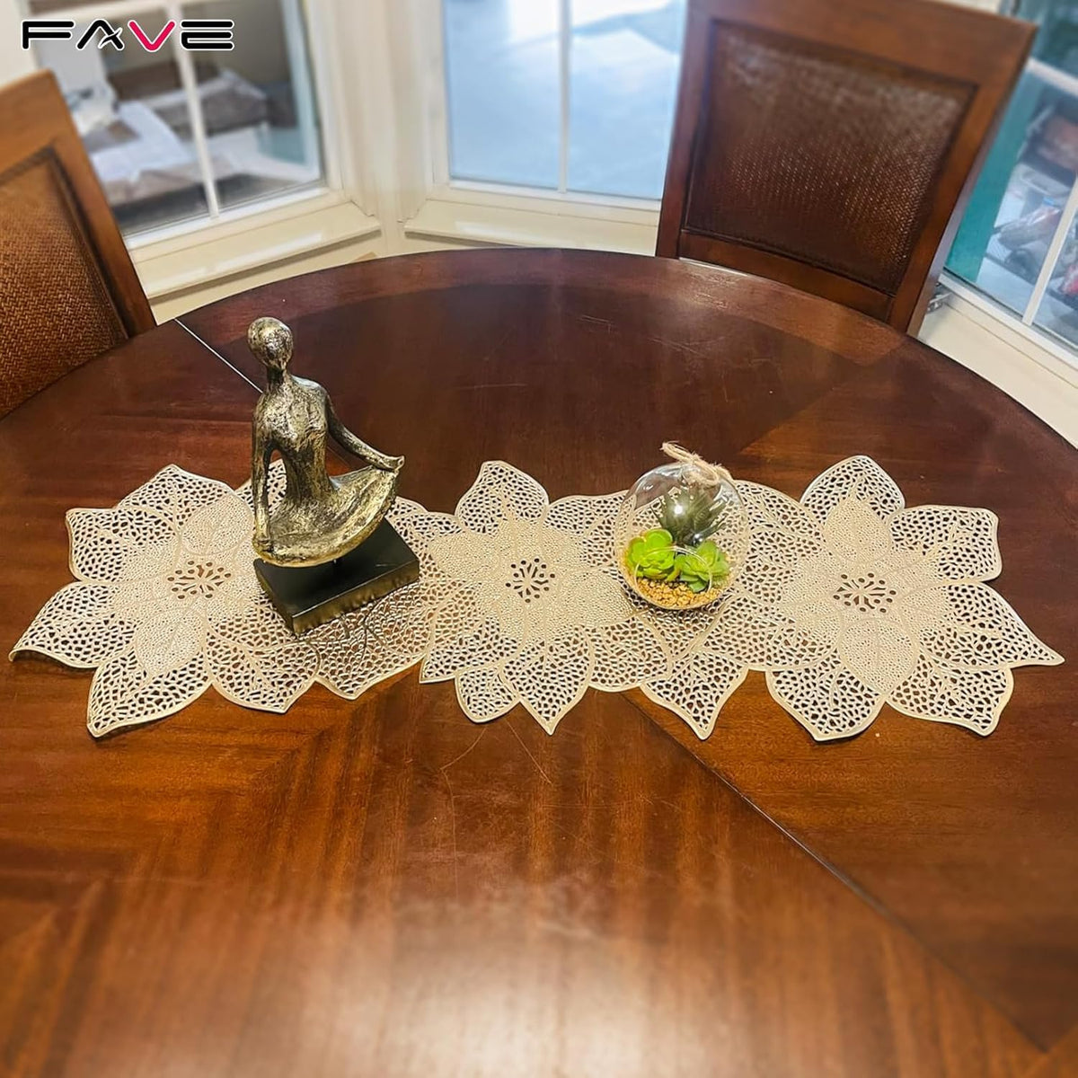FAVE Gold Table Runner suited for indoor and outdoor celebrations.