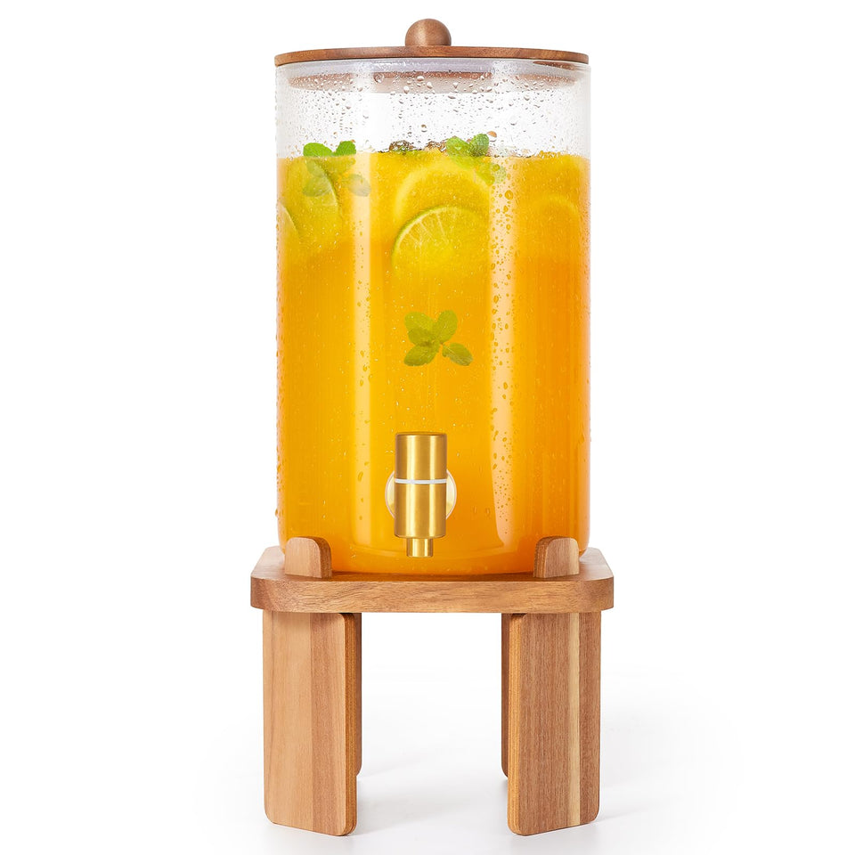 FavorFlavor 1-gallon glass dispenser on a wood stand displays beverages elegantly for events.