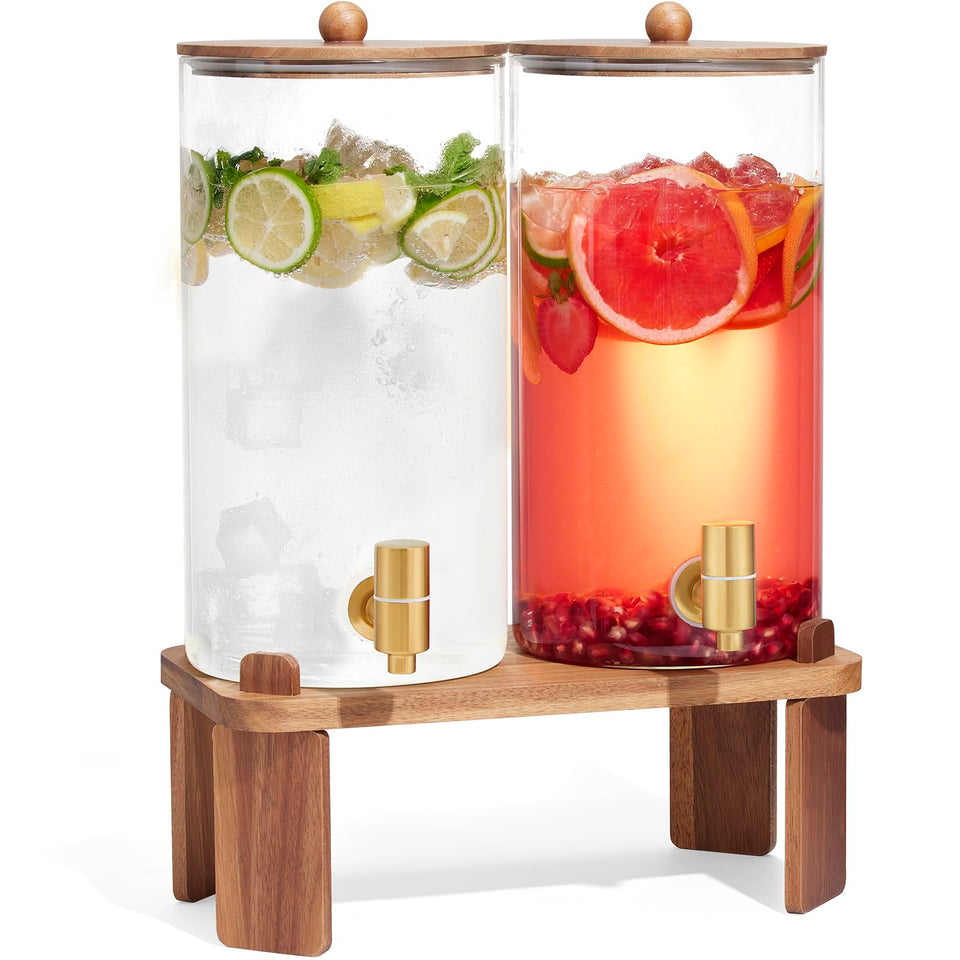 FavorFlavor 2-pack glass dispensers with wood stand displayed at a stylish party setting