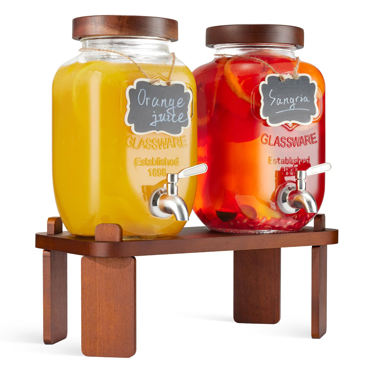 FavorFlavor 2-pack glass drink dispensers with wooden stand for elegant party service