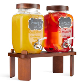 FavorFlavor 2-pack glass drink dispensers with wooden stand for elegant party service