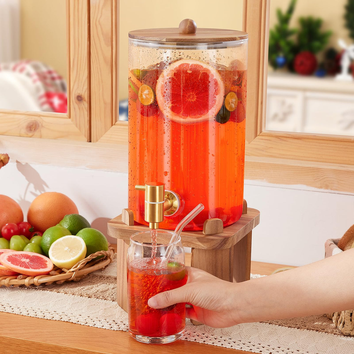 FavorFlavor glass dispenser close-up highlights stainless steel spigot for smooth pours.