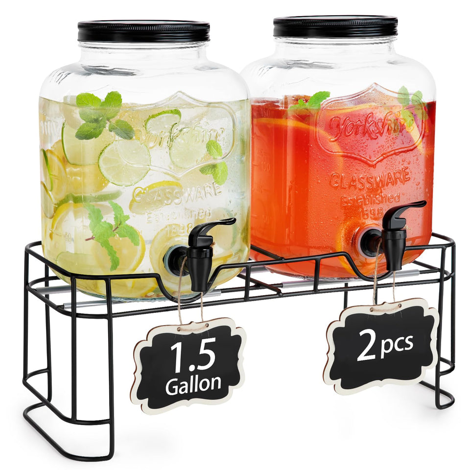 FavorFlavor glass drink dispenser with stand, ideal for party setups and clean serving.