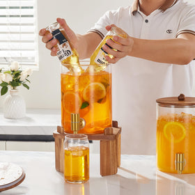 Setup shown on a party table creates a stylish beverage station.