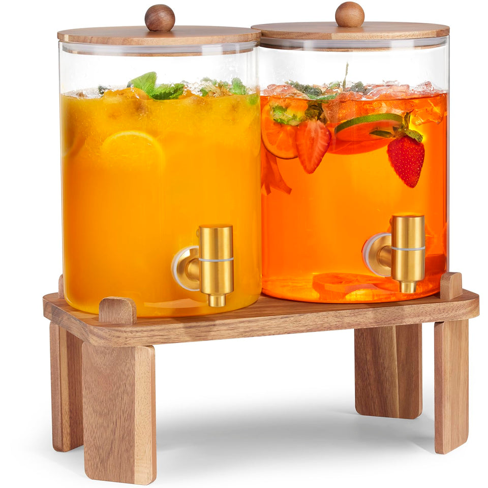 FavorFlavor two-glass-dispenser with wood stand for elegant events.