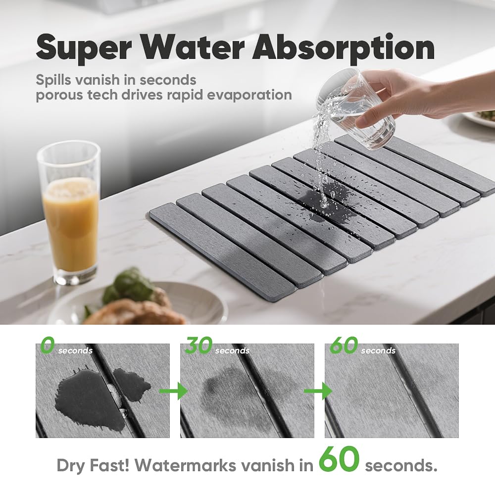 Favorking Stone Drying Mat protects delicate dishes from watermarks after washing.