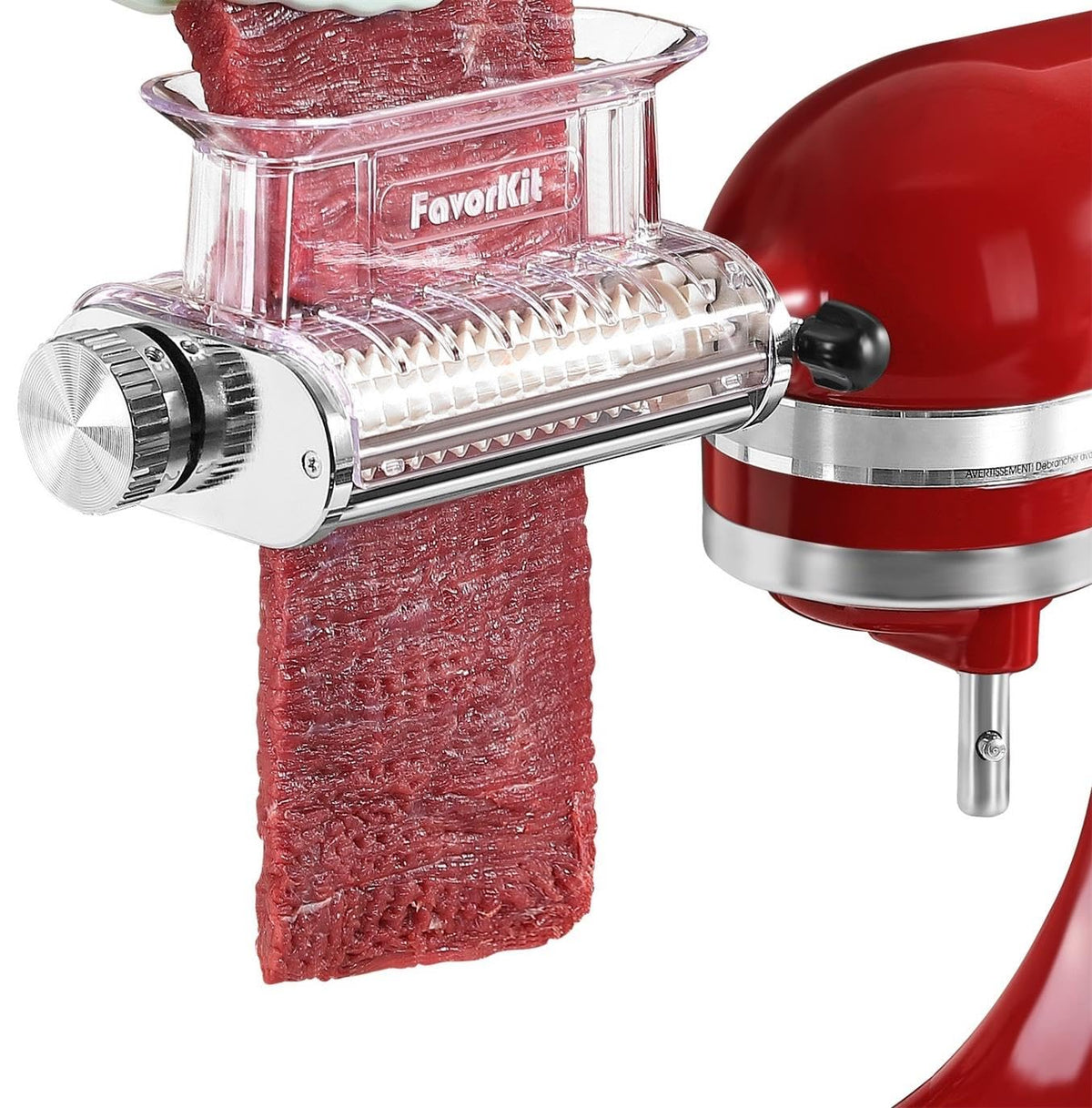 FavorKit adjustable meat tenderizer attachment, three thickness options for KitchenAid, ideal for versatile cuts.