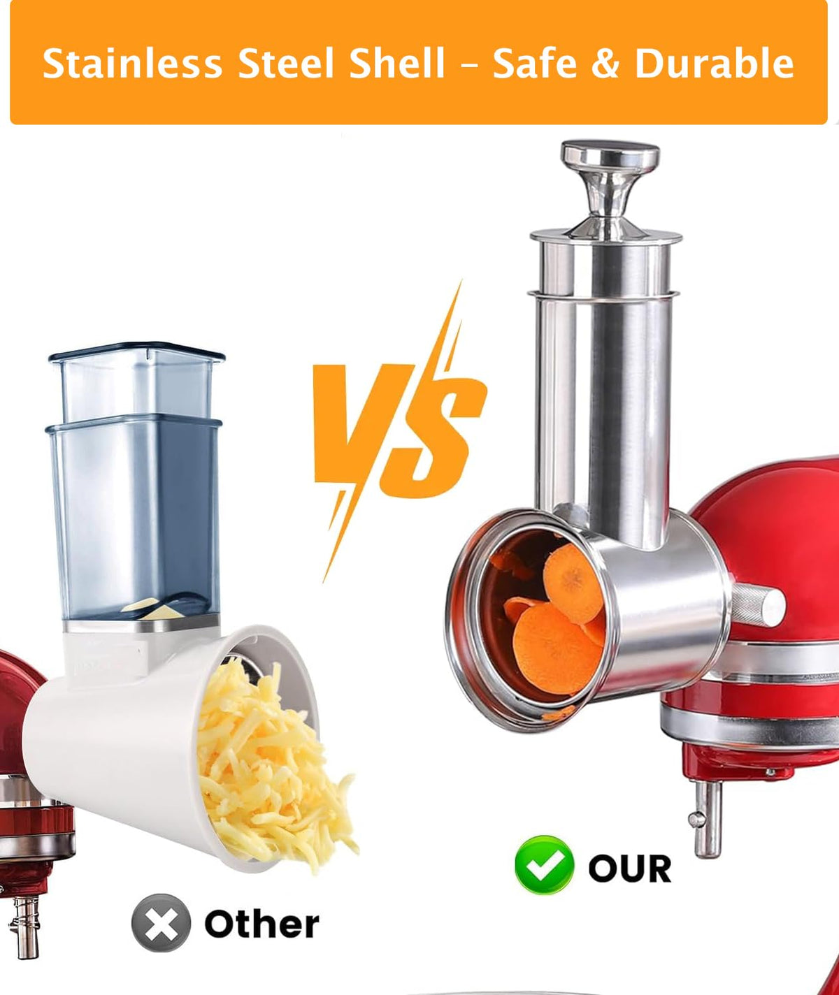 FavorKit stainless steel cheese grater attachment for quick, even grating.
