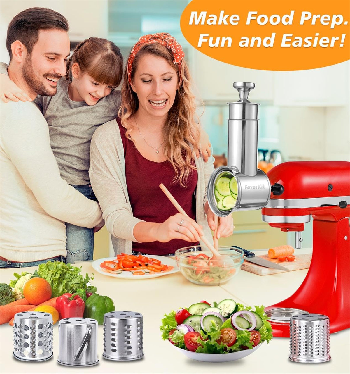 FavorKit four-blade slicer and shredder in action with cheese and vegetables.