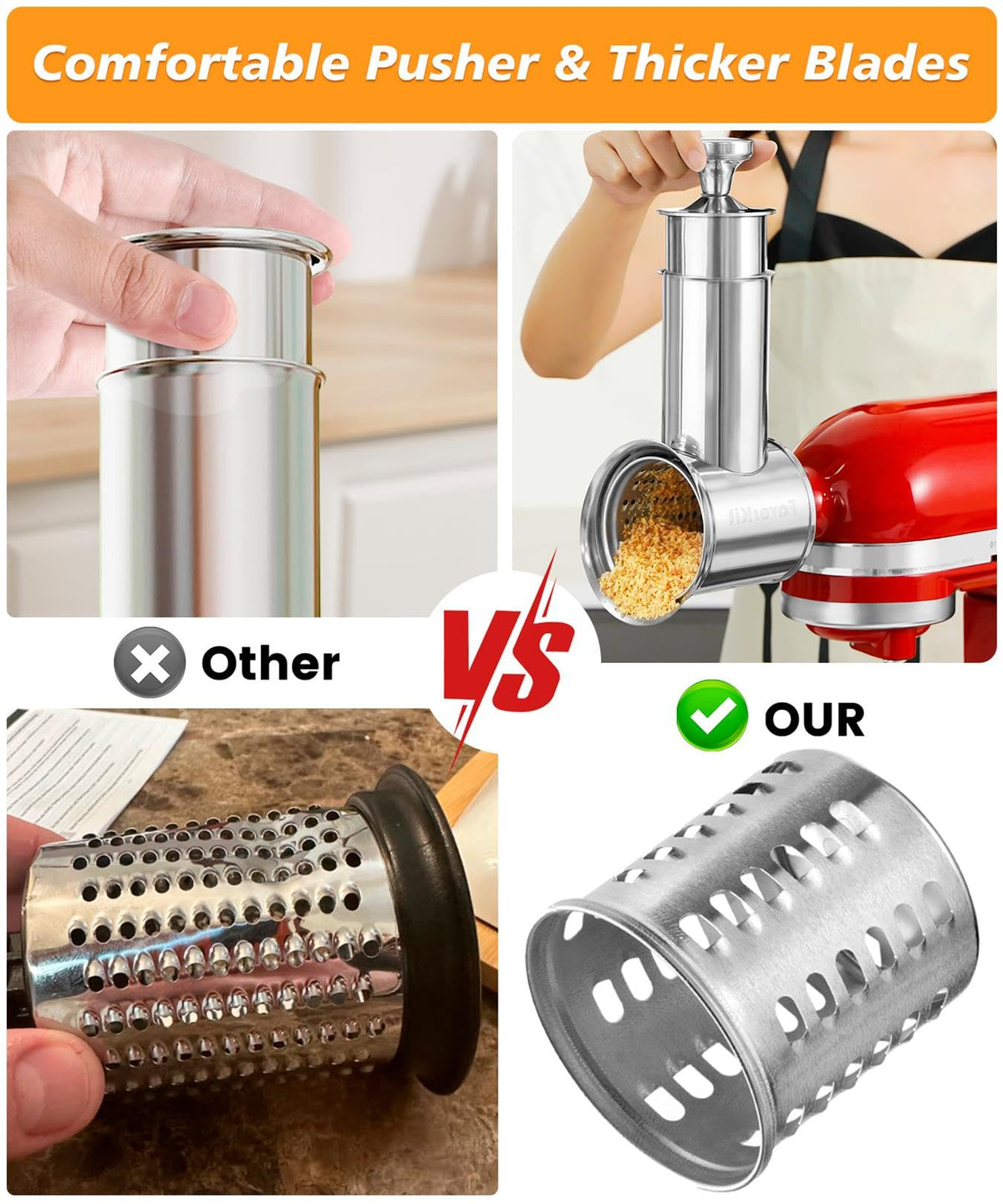 Dishwasher-safe attachment with large feed tube for easier ingredient loading.