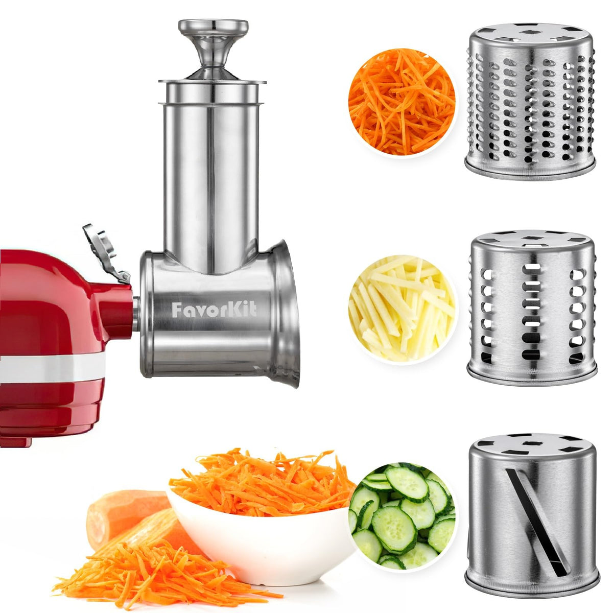 FavorKit Slicer Shredder attached to the KitchenAid front hub enables quick prep tasks.