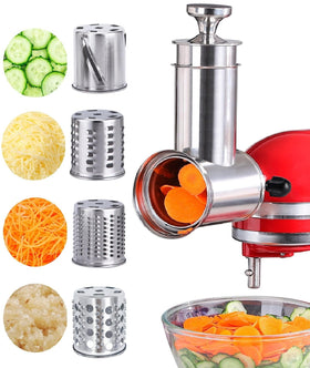 FavorKit stainless salad maker attachment on KitchenAid, side view showing sturdy build and compatibility.