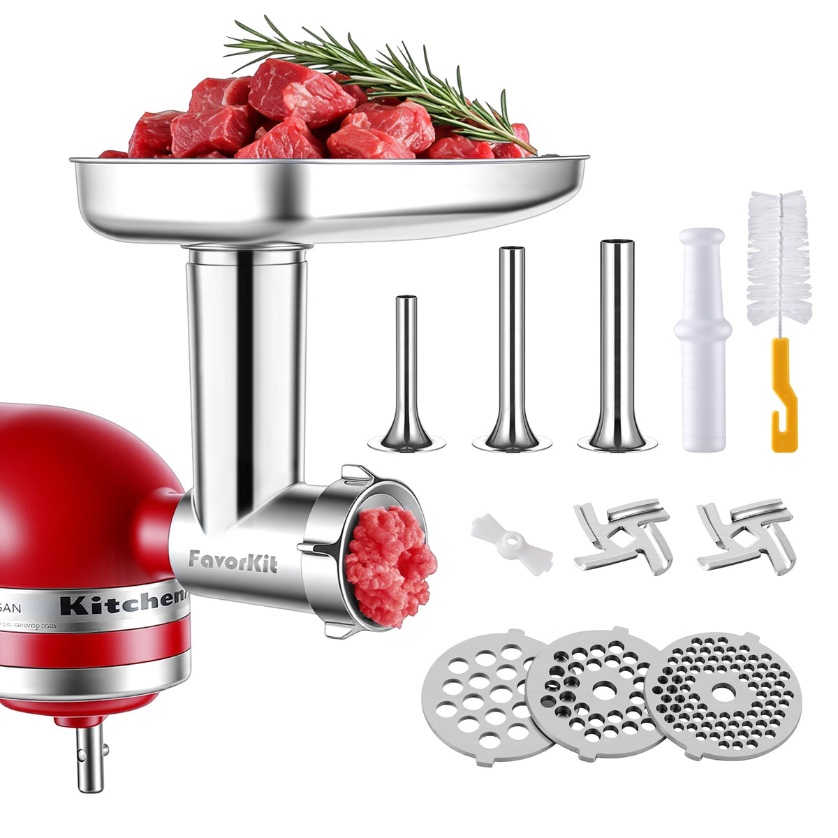 FavorKit stainless steel grinder attachment for KitchenAid mixers, delivers steady grinding and easy cleanup